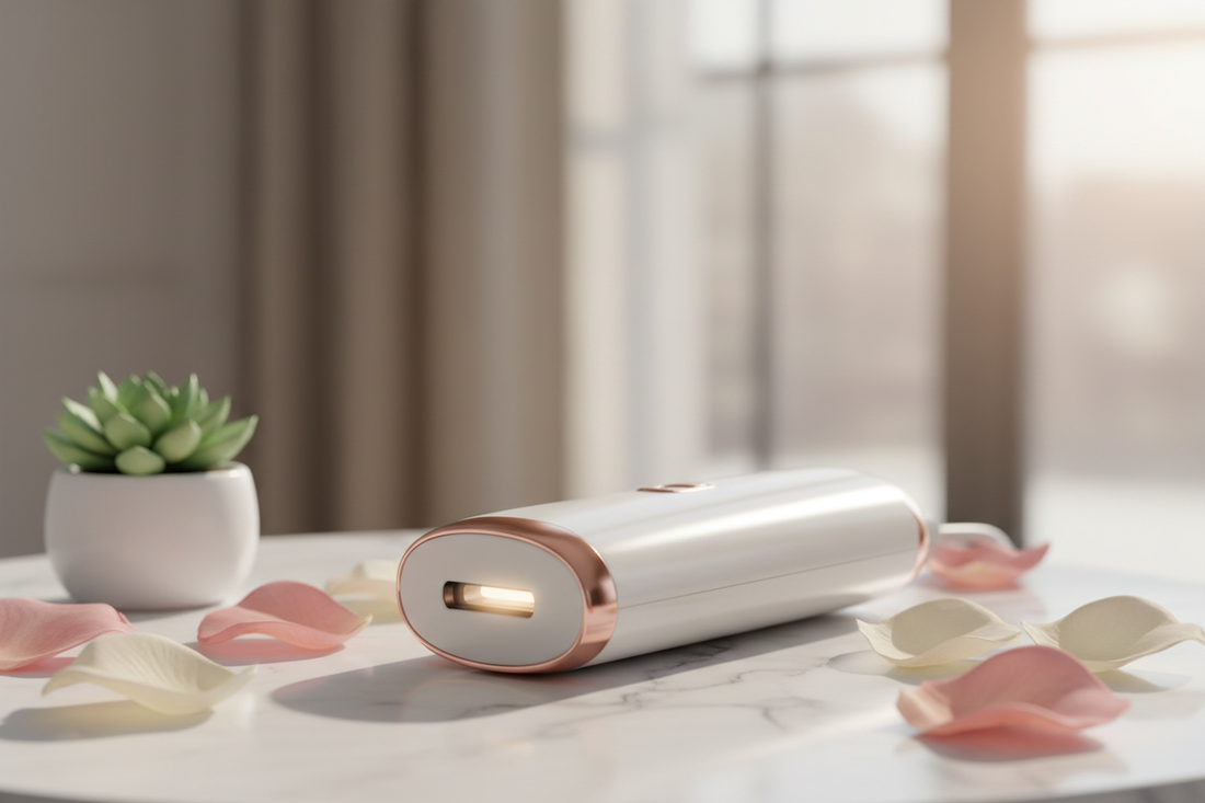 IPL hair removal device on marble surface with rose petals